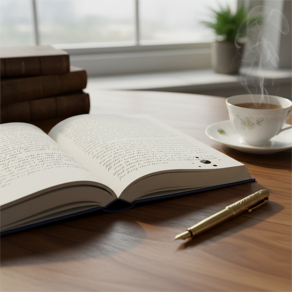 A hardcover journal with a deep indigo cloth cover lies open on a walnut desk, its creamy pages filled with elegant, flowing handwritten notes about medicine and life. A vintage brass fountain pen rests diagonally across the margin, a tiny ink blot glistening near the nib. Beside it, a porcelain cup of herbal tea sends up a soft curl of steam. The desk sits near a large window, bathed in gentle morning light that creates subtle reflections on the pen and warm highlights in the wood grain. The background falls into a soft bokeh of stacked books and a small fern, captured with a shallow depth of field at eye level. The atmosphere is contemplative, sophisticated, and serene, rendered in photographic realism with a clean, modern aesthetic.
