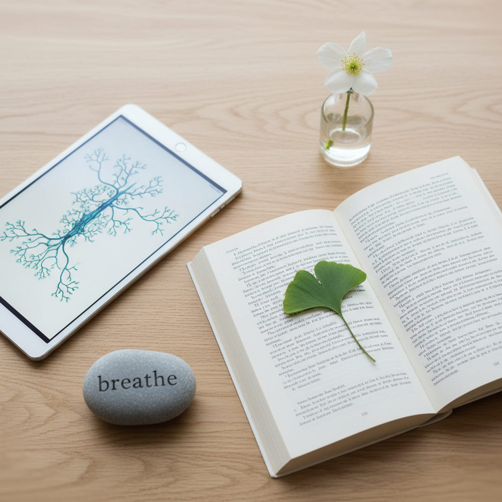A neat arrangement of objects sits on a light oak tabletop: a slim tablet displaying an abstract medical diagram, an open paperback novel with a pressed ginkgo leaf as a bookmark, and a smooth river stone etched with the word “breathe” in understated lettering. A small glass vase holds a single white flower, its petals slightly translucent. Soft overcast daylight filters through an unseen window, wrapping everything in even, gentle light that minimizes harsh shadows. Shot from a top‑down perspective, the composition is carefully balanced yet asymmetrical, leaving generous negative space around the objects. Subtle bokeh softens the table’s edges. The atmosphere feels modern, reflective, and calm, bridging science and introspection in clean, photographic realism suited to thoughtful personal essays.