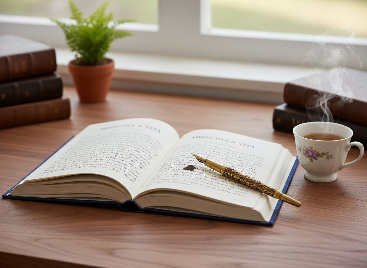 A hardcover journal with a deep indigo cloth cover lies open on a walnut desk, its creamy pages filled with elegant, flowing handwritten notes about medicine and life. A vintage brass fountain pen rests diagonally across the margin, a tiny ink blot glistening near the nib. Beside it, a porcelain cup of herbal tea sends up a soft curl of steam. The desk sits near a large window, bathed in gentle morning light that creates subtle reflections on the pen and warm highlights in the wood grain. The background falls into a soft bokeh of stacked books and a small fern, captured with a shallow depth of field at eye level. The atmosphere is contemplative, sophisticated, and serene, rendered in photographic realism with a clean, modern aesthetic.
