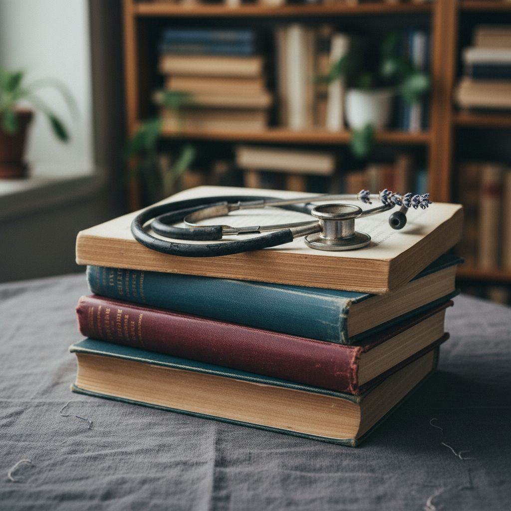An antique stethoscope with dark, worn rubber tubing and polished silver chest piece is carefully coiled atop a stack of well‑loved medical textbooks in muted blues and burgundies. The books rest on a charcoal linen tablecloth, their edges slightly frayed, hinting at years of use. A sprig of dried lavender lies across the top volume, introducing a gentle, unexpected softness. Soft, diffused afternoon light streams from the left, creating delicate highlights on the metal and gentle shadows between the books. The background is a softly blurred study lined with shelves, captured from a slightly elevated angle with a shallow depth of field. The mood is reflective and scholarly yet warm, in a photographic, sophisticated style that evokes quiet dedication and lifelong learning.