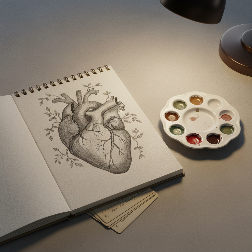 A still life of art and anatomy: an open sketchbook reveals a meticulously shaded graphite drawing of a human heart intertwined with delicate botanical vines. Beside it, a porcelain palette holds tiny pools of muted watercolor—umber, sage, and soft crimson—some still glistening with moisture. Anatomy flashcards, edges slightly curled, peek from beneath the sketchbook. Everything rests on a smooth, light concrete surface. A single warm desk lamp from the upper right casts focused, intimate light, creating dramatic yet soft shadows and subtle texture in the paper’s grain. Shot from a three‑quarter overhead angle with a shallow depth of field, the heart illustration remains in sharp focus while the background melts into blur. The atmosphere is quietly intense, intellectual, and artistic, in crisp photographic realism that celebrates the meeting point of medicine and creativity.