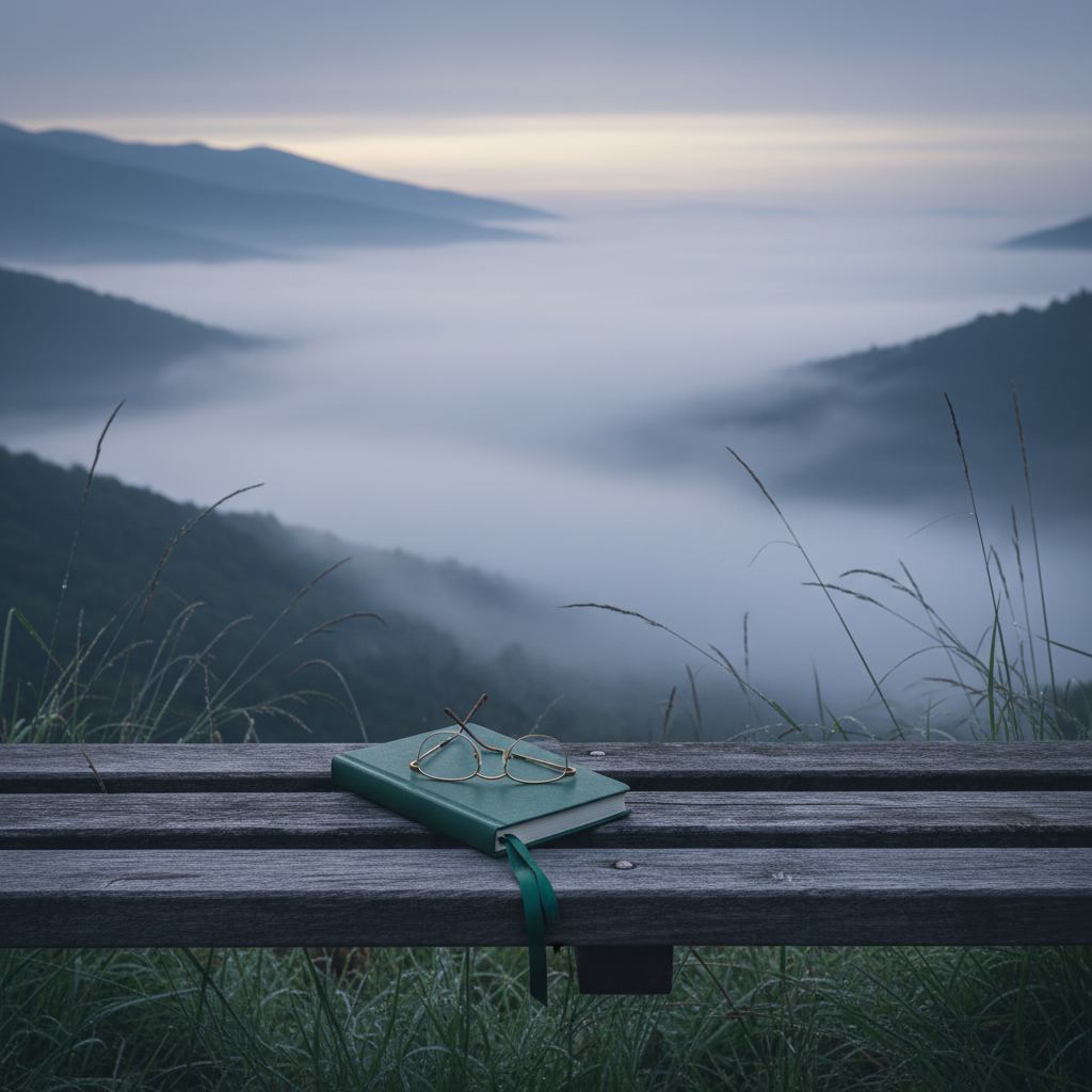 A weathered wooden bench overlooks a mist‑veiled valley, the bench’s slats worn smooth and pale by time and rain. On the seat, a closed deep‑green notebook with a silk ribbon bookmark rests beside a pair of thin, gold‑rimmed reading glasses folded carefully atop the cover. Dew‑touched wild grasses frame the foreground, their delicate blades catching the first hints of dawn. Soft, cool pre‑sunrise light blankets the scene in muted blues and greys, while a faint warm glow appears on the horizon. Captured at eye level with the bench slightly off‑center, the background falls into a dreamy blur of layered hills. The mood is introspective and hopeful, conveying a quiet moment of pause in nature, rendered in refined photographic realism with a minimalist, poetic sensibility.
