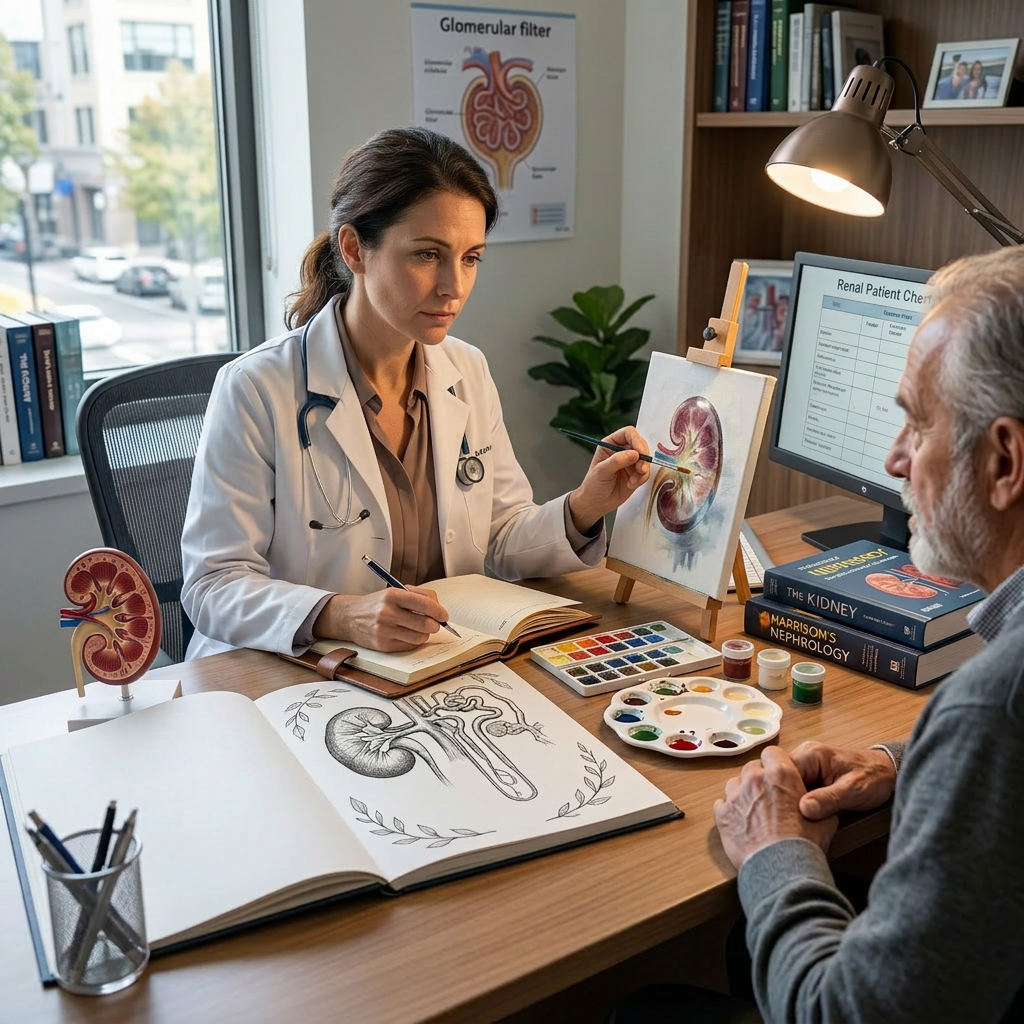 Doctor pointing at kidney model while talking to elderly patient about kidney health